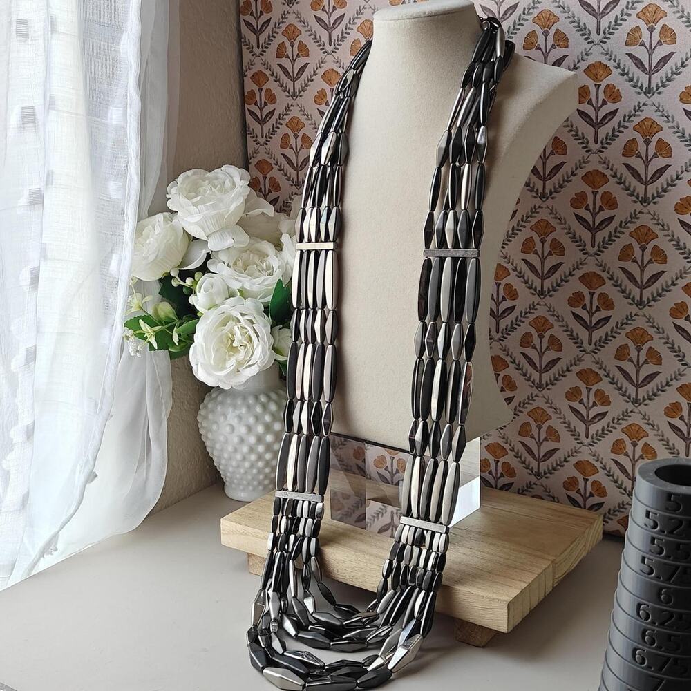 Extra long 5 strand silver tone and gray beaded statement necklace by Chico's
